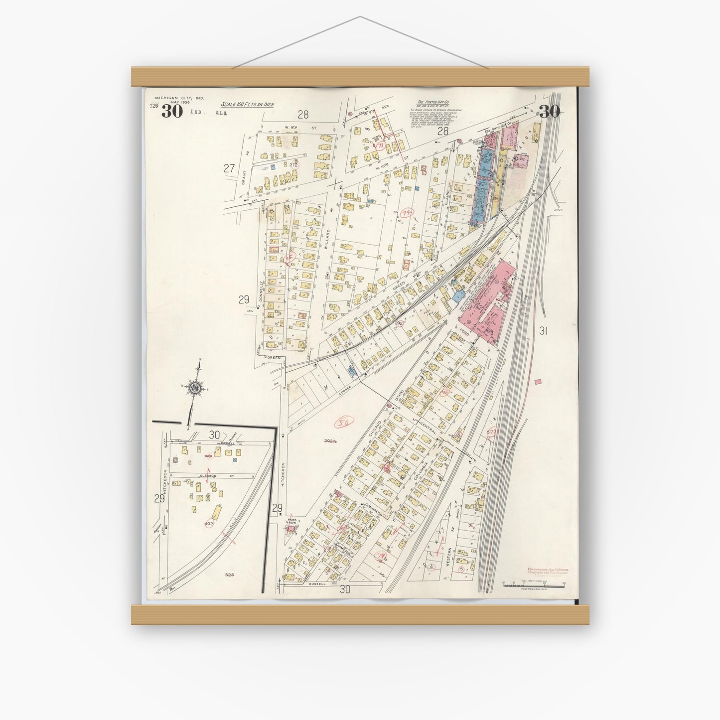 Old map wall art mockup — magnetic wood frame on white wall — Sanborn Fire Insurance Map from Michigan City, La Porte County, Indiana (1948), Sheet #0030