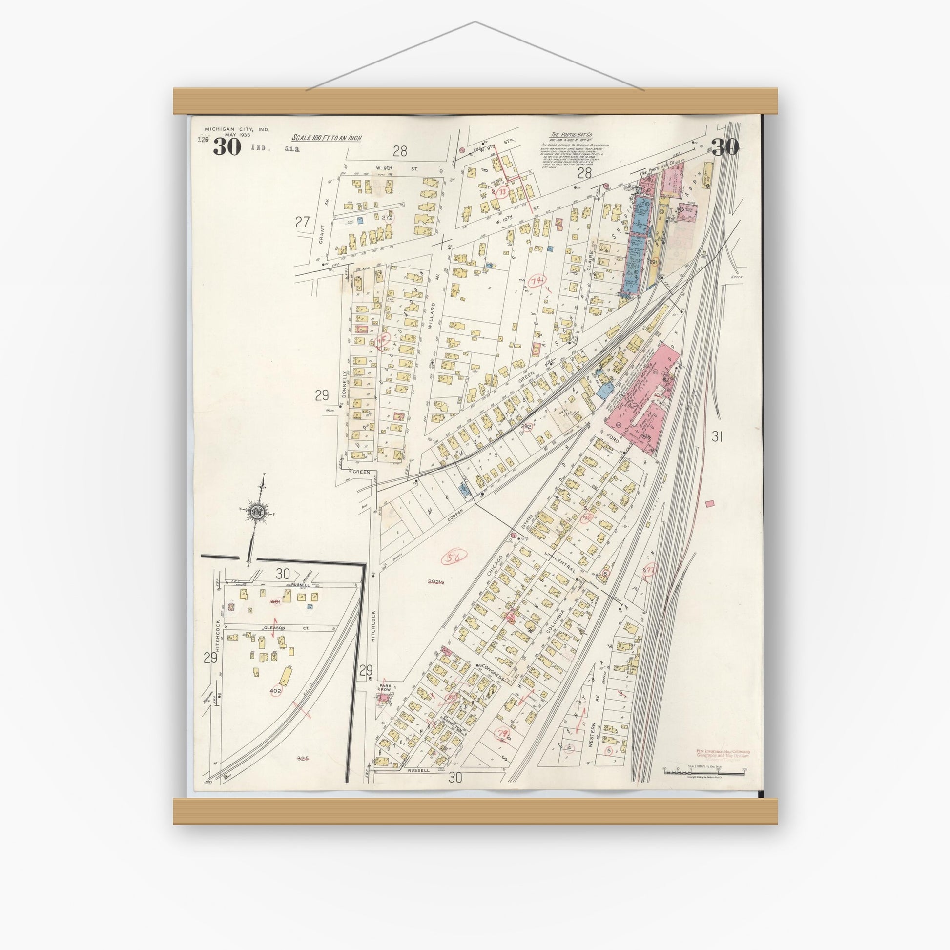Old map wall art mockup — magnetic wood frame on white wall — Sanborn Fire Insurance Map from Michigan City, La Porte County, Indiana (1948), Sheet #0030