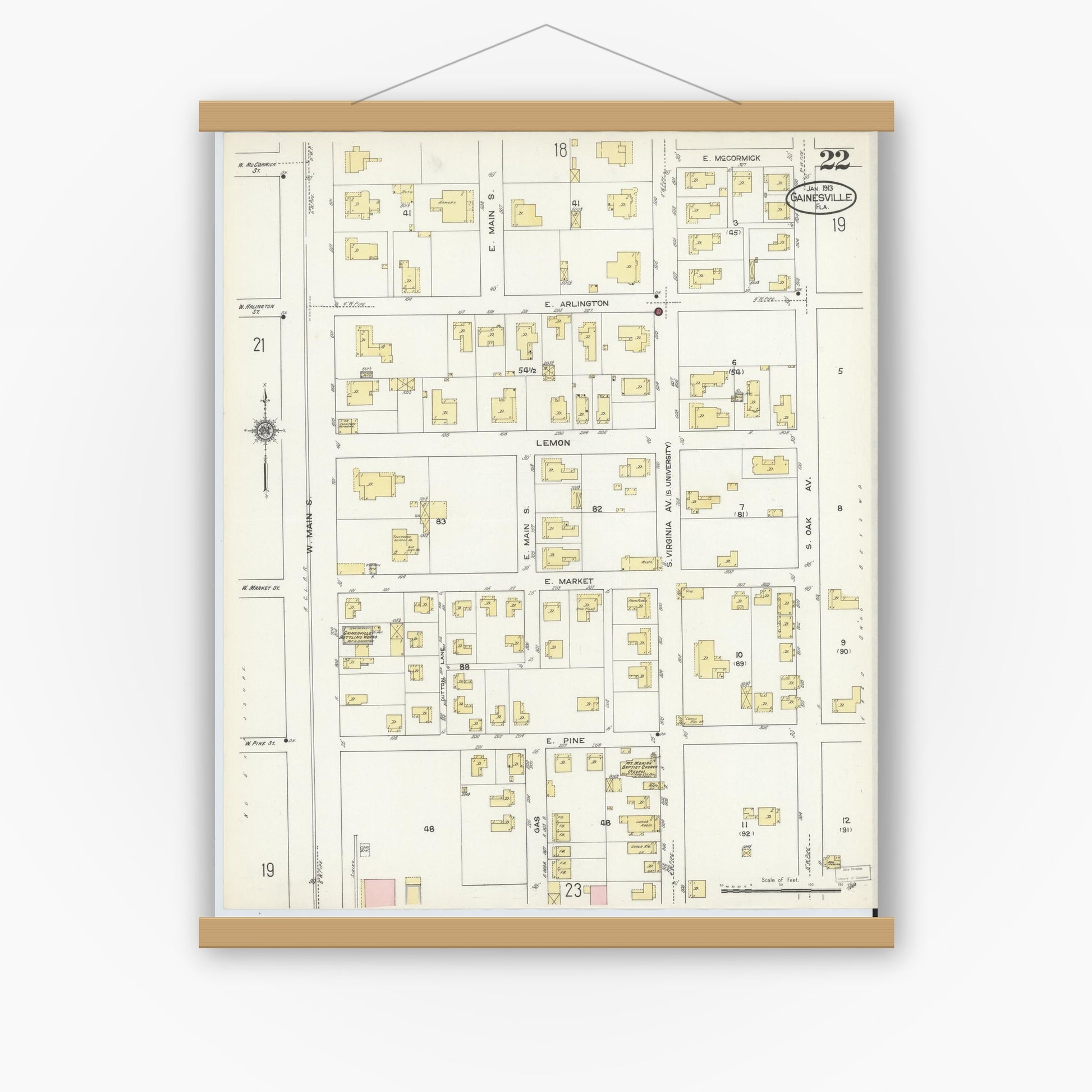 Old map wall art mockup — magnetic wood frame on white wall — Sanborn Fire Insurance Map from Gainesville, Alachua County, Florida (1913), Sheet #0022
