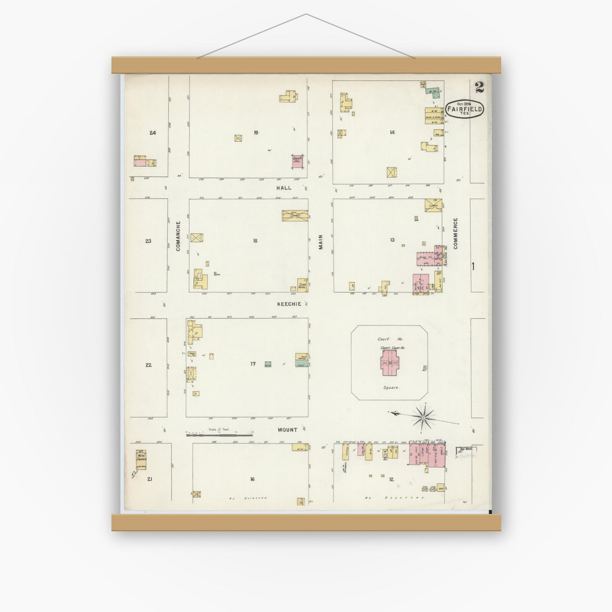 Old map wall art mockup — magnetic wood frame on white wall — Sanborn Fire Insurance Map from Fairfield, Freestone County, Texas (1896), Sheet #0002
