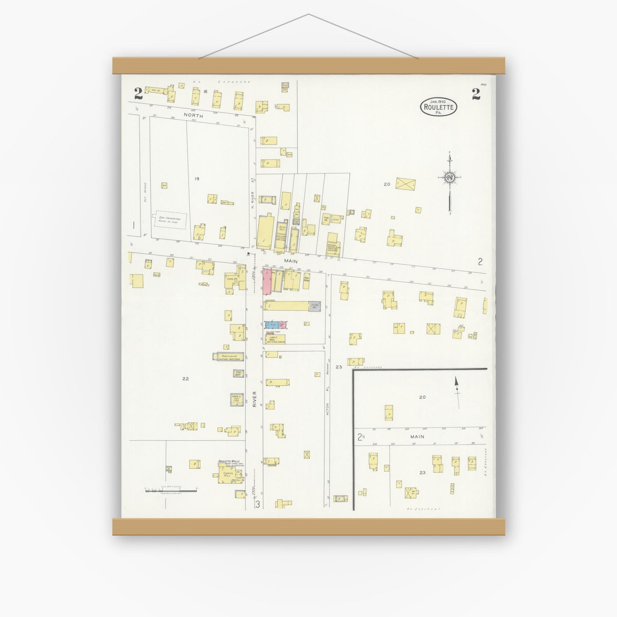 Old map wall art mockup — magnetic wood frame on white wall — Sanborn Fire Insurance Map from Roulette, Potter County, Pennsylvania (1930), Sheet #0002