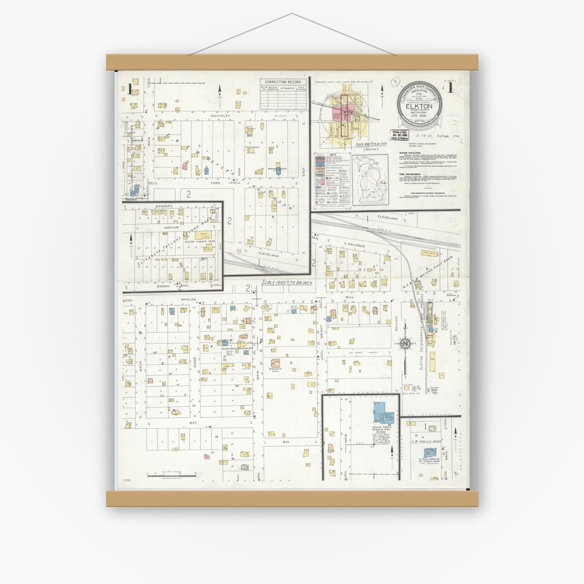 Old map wall art mockup — magnetic wood frame on white wall — Sanborn Fire Insurance Map from Elkton, Huron County, Michigan (1938) - Complete Map Set