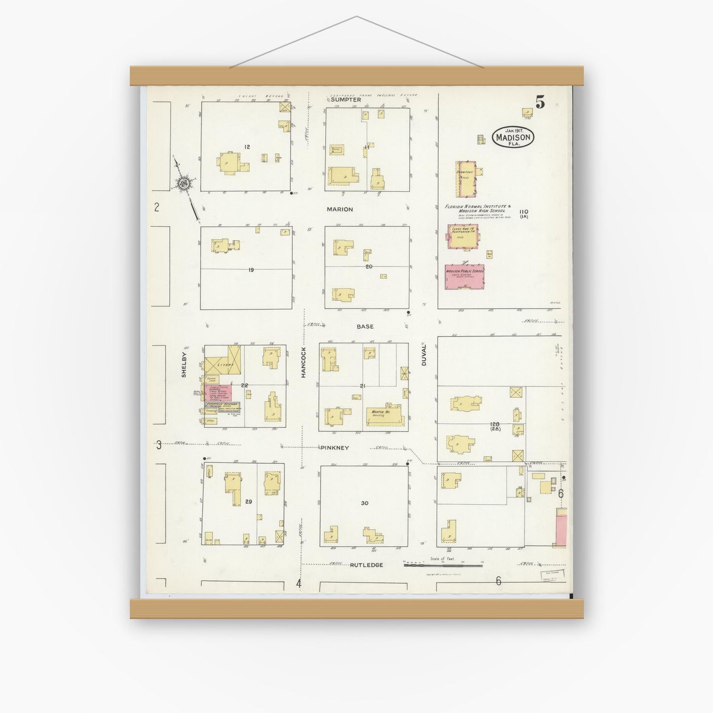Old map wall art mockup — magnetic wood frame on white wall — Sanborn Fire Insurance Map from Madison, Madison County, Florida (1917), Sheet #0005