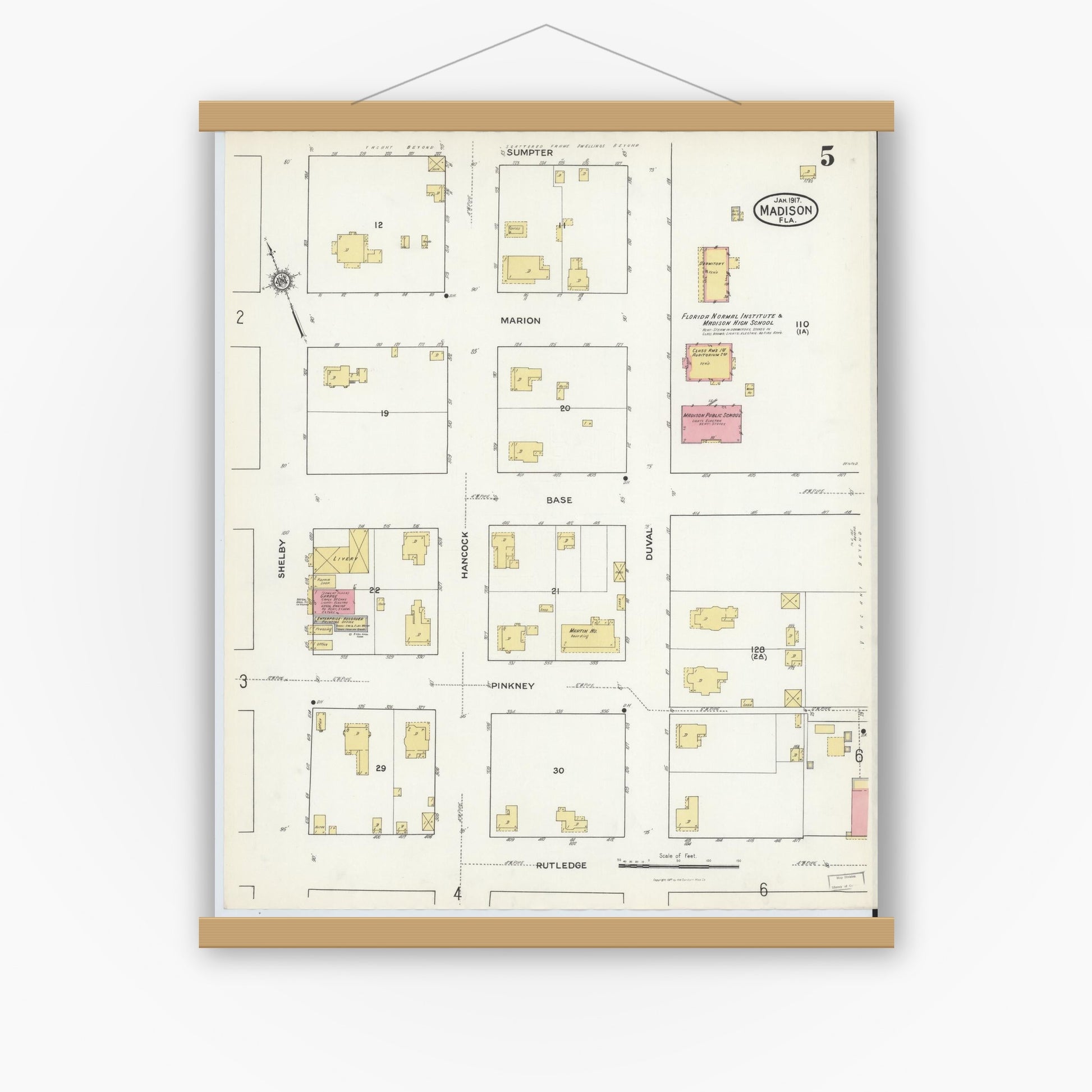 Old map wall art mockup — magnetic wood frame on white wall — Sanborn Fire Insurance Map from Madison, Madison County, Florida (1917), Sheet #0005