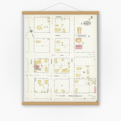 Old map wall art mockup — magnetic wood frame on white wall — Sanborn Fire Insurance Map from Madison, Madison County, Florida (1917), Sheet #0005