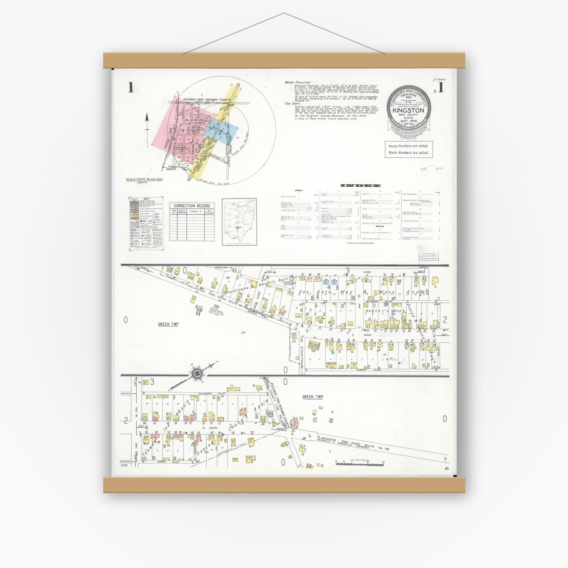 Old map wall art mockup — magnetic wood frame on white wall — Sanborn Fire Insurance Map from Kingston, Ross County, Ohio (1949) - Complete Map Set