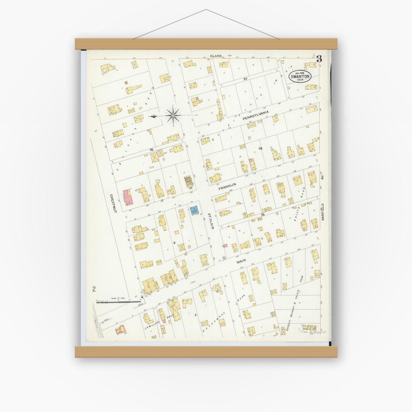 Old map wall art mockup — magnetic wood frame on white wall — Sanborn Fire Insurance Map from Swanton, Fulton County, Ohio (1908), Sheet #0003