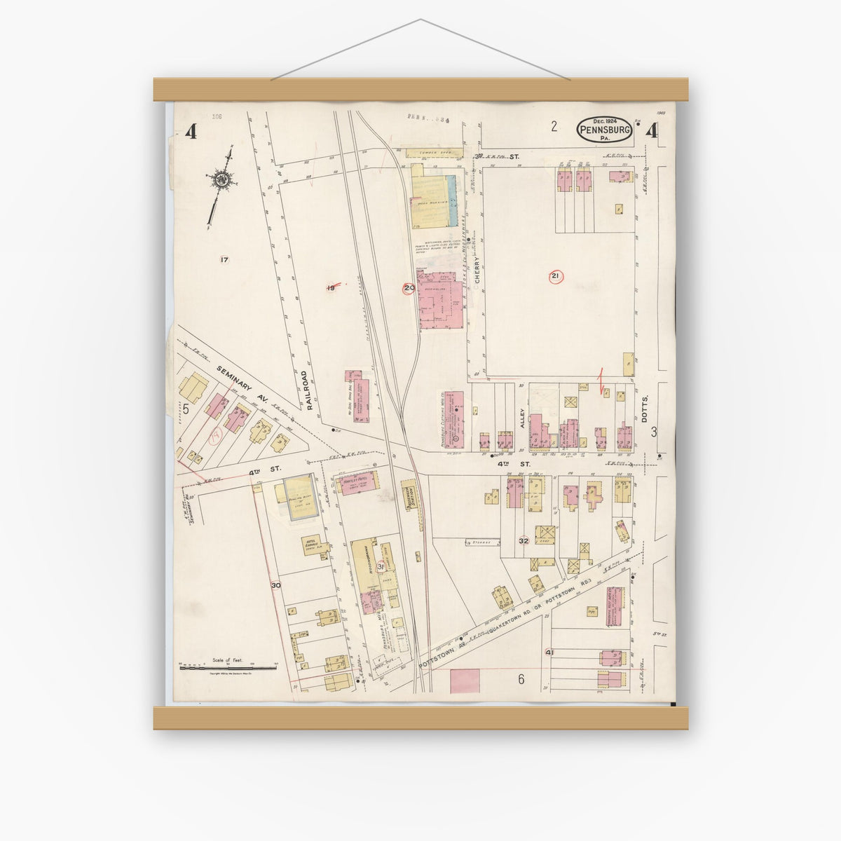 Old map wall art mockup — magnetic wood frame on white wall — Sanborn Fire Insurance Map from Pennsburg, Montgomery County, Pennsylvania (1933), Sheet #0004