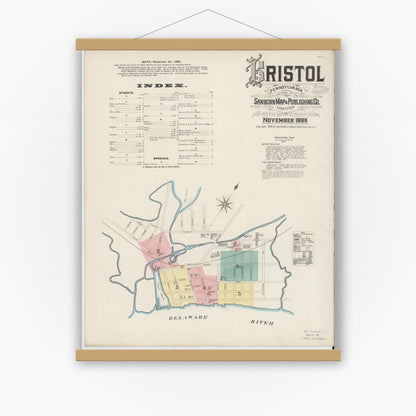 Old map wall art mockup — magnetic wood frame on white wall — Sanborn Fire Insurance Map from Bristol, Bucks County, Pennsylvania (1886), Sheet #0001
