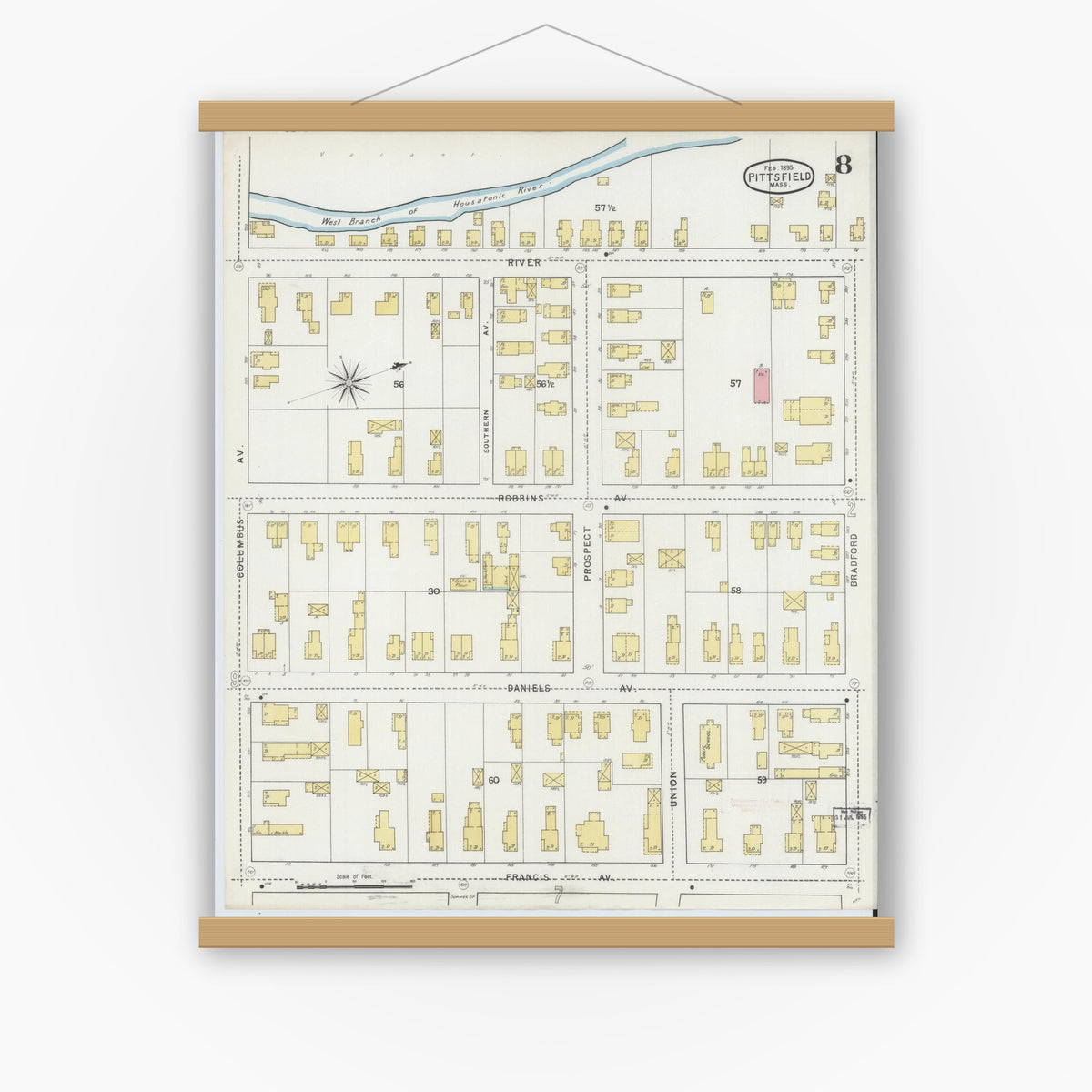 Old map wall art mockup — magnetic wood frame on white wall — Sanborn Fire Insurance Map from Pittsfield, Berkshire County, Massachusetts (1895), Sheet #0008