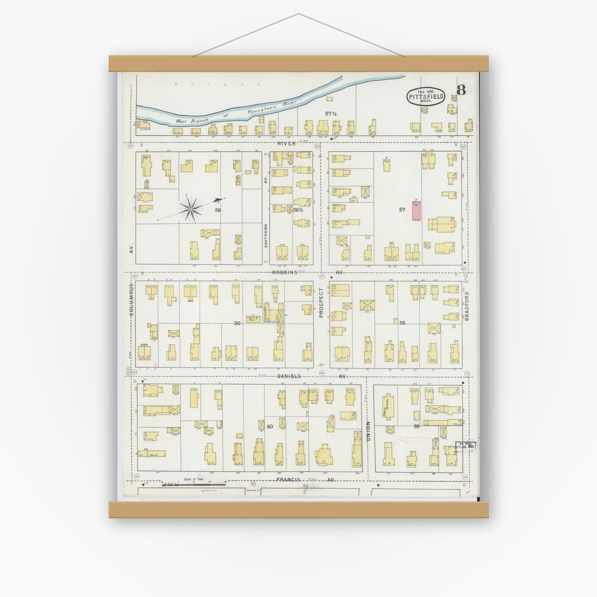 Old map wall art mockup — magnetic wood frame on white wall — Sanborn Fire Insurance Map from Pittsfield, Berkshire County, Massachusetts (1895), Sheet #0008