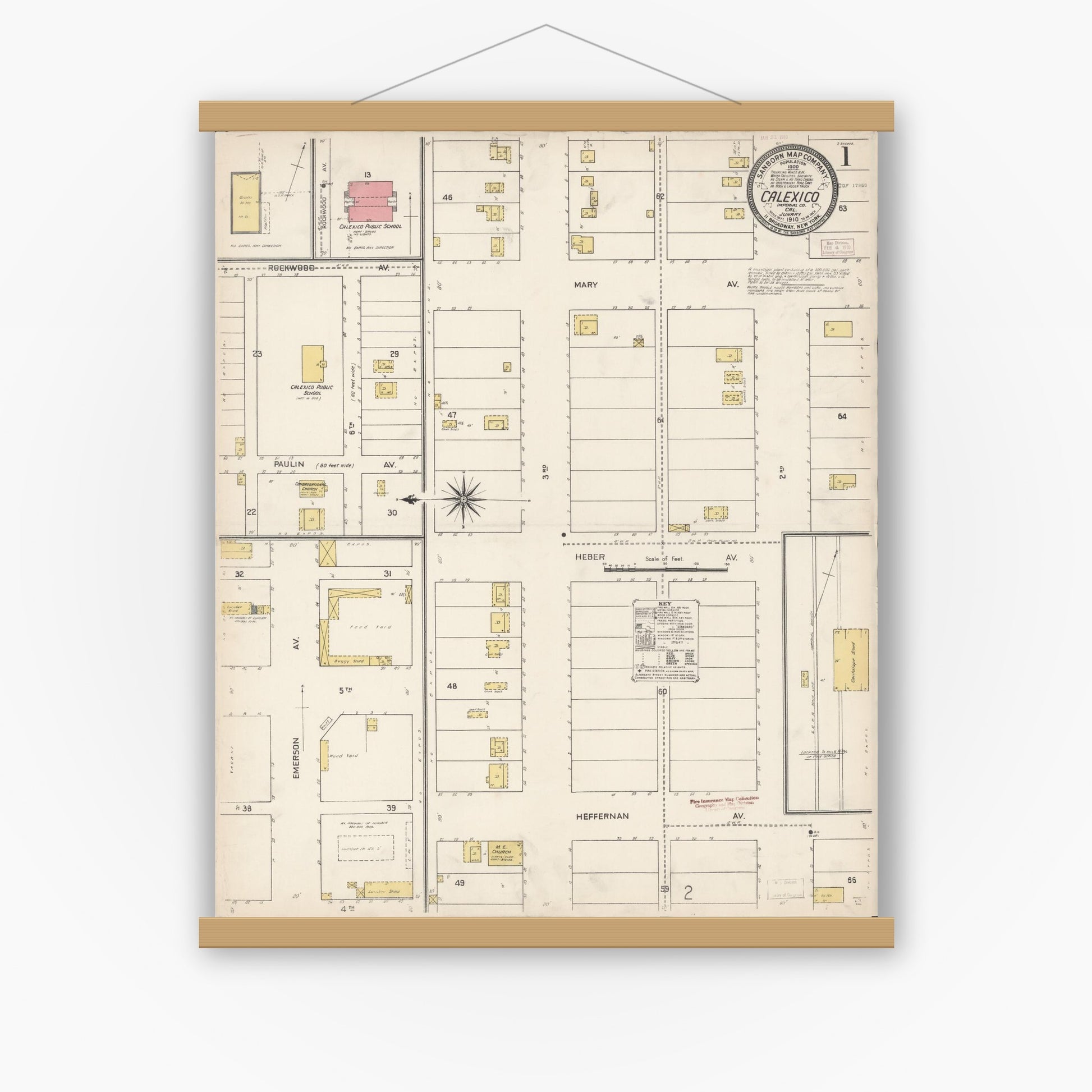 Old map wall art mockup — magnetic wood frame on white wall — Sanborn Fire Insurance Map from Calexico, Imperial County, California (1910), Sheet #0001