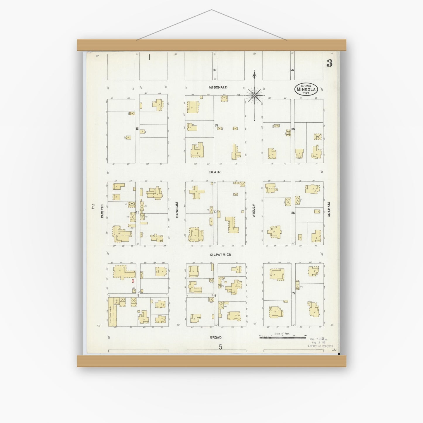 Old map wall art mockup — magnetic wood frame on white wall — Sanborn Fire Insurance Map from Mineola, Wood County, Texas (1906), Sheet #0003