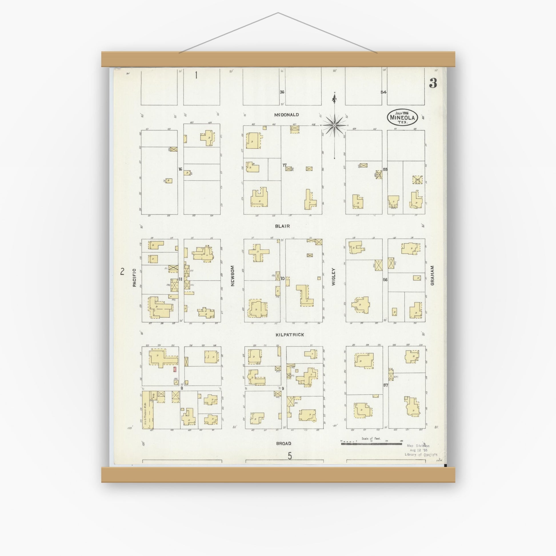 Old map wall art mockup — magnetic wood frame on white wall — Sanborn Fire Insurance Map from Mineola, Wood County, Texas (1906), Sheet #0003