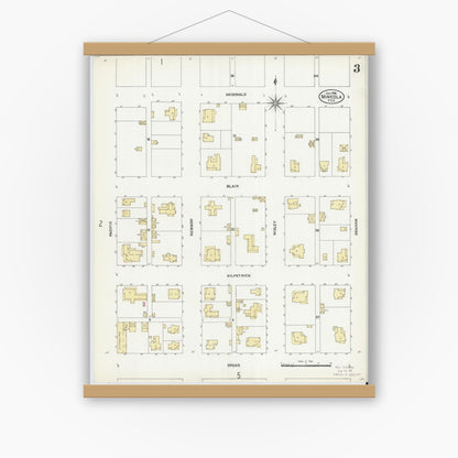 Old map wall art mockup — magnetic wood frame on white wall — Sanborn Fire Insurance Map from Mineola, Wood County, Texas (1906), Sheet #0003