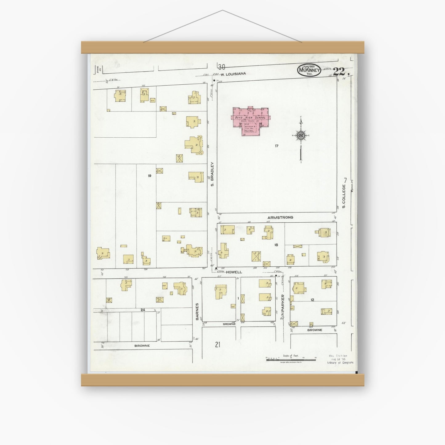 Old map wall art mockup — magnetic wood frame on white wall — Sanborn Fire Insurance Map from McKinney, Collin County, Texas (1920), Sheet #0022