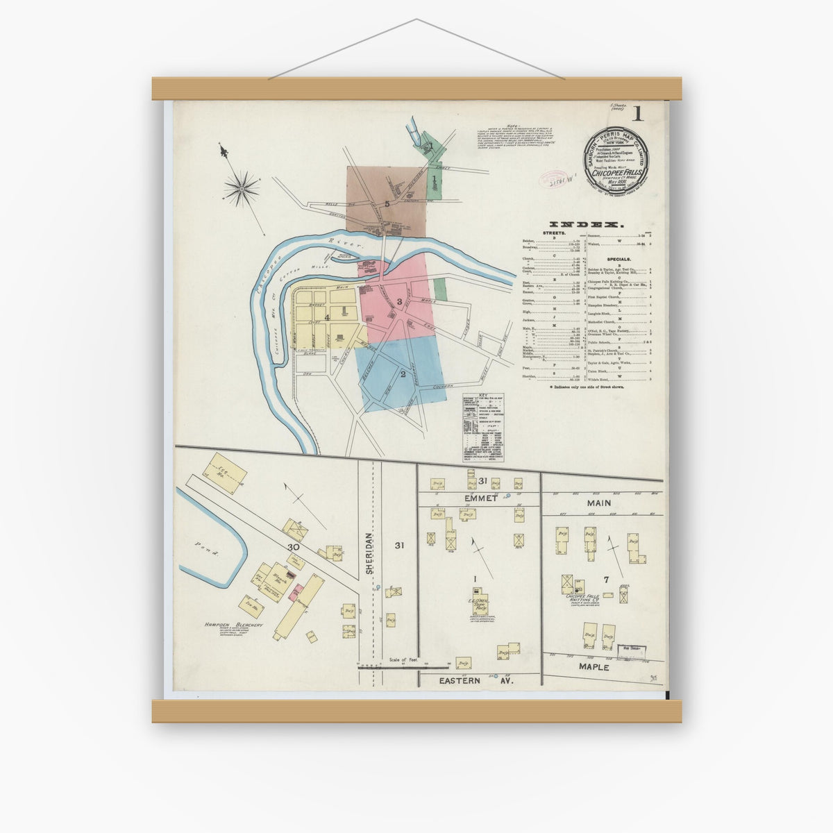 Old map wall art mockup — magnetic wood frame on white wall — Sanborn Fire Insurance Map from Chicopee Falls, Hampden County, Massachusetts (1891) - Complete Map Set