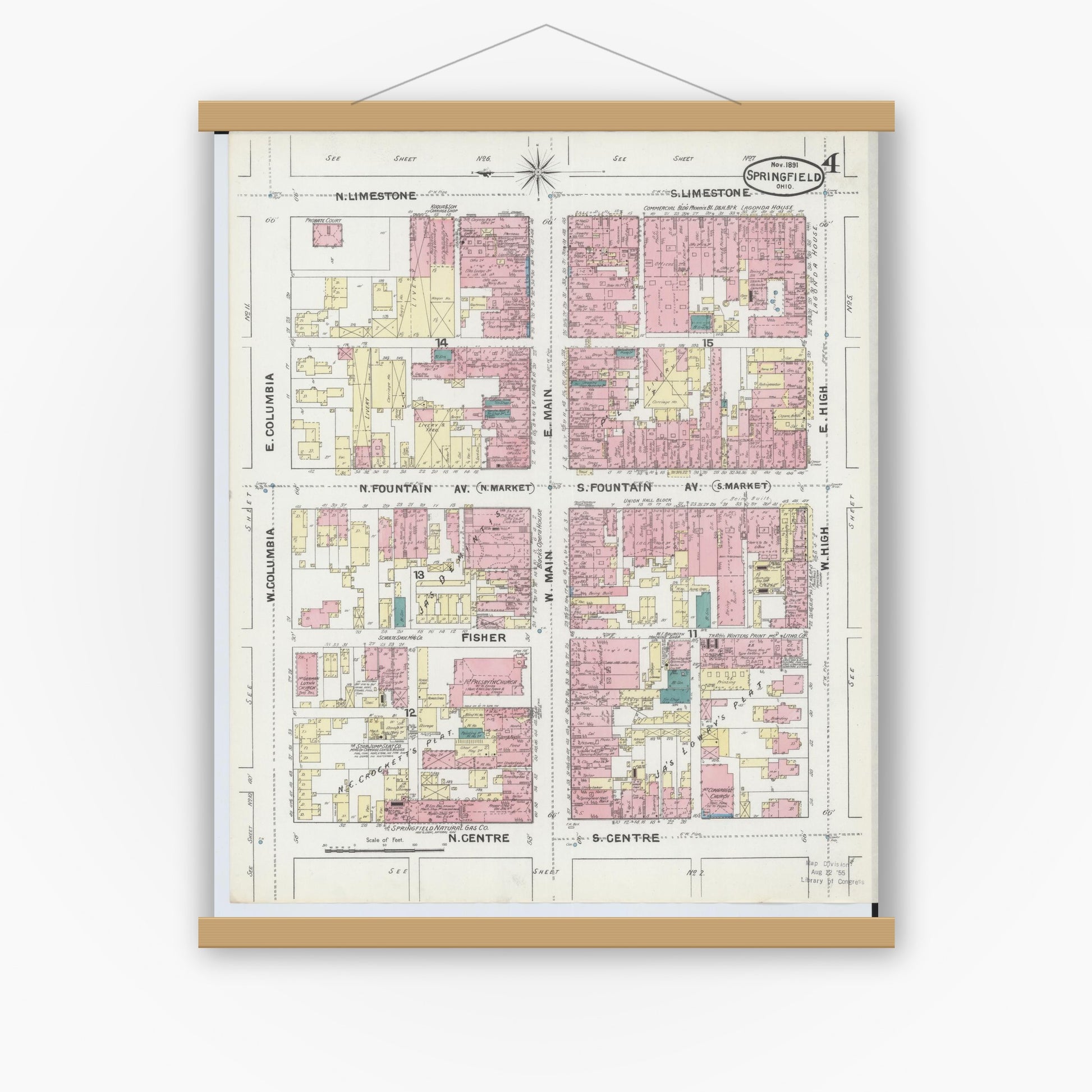 Old map wall art mockup — magnetic wood frame on white wall — Sanborn Fire Insurance Map from Springfield, Clark County, Ohio (1891), Sheet #0004