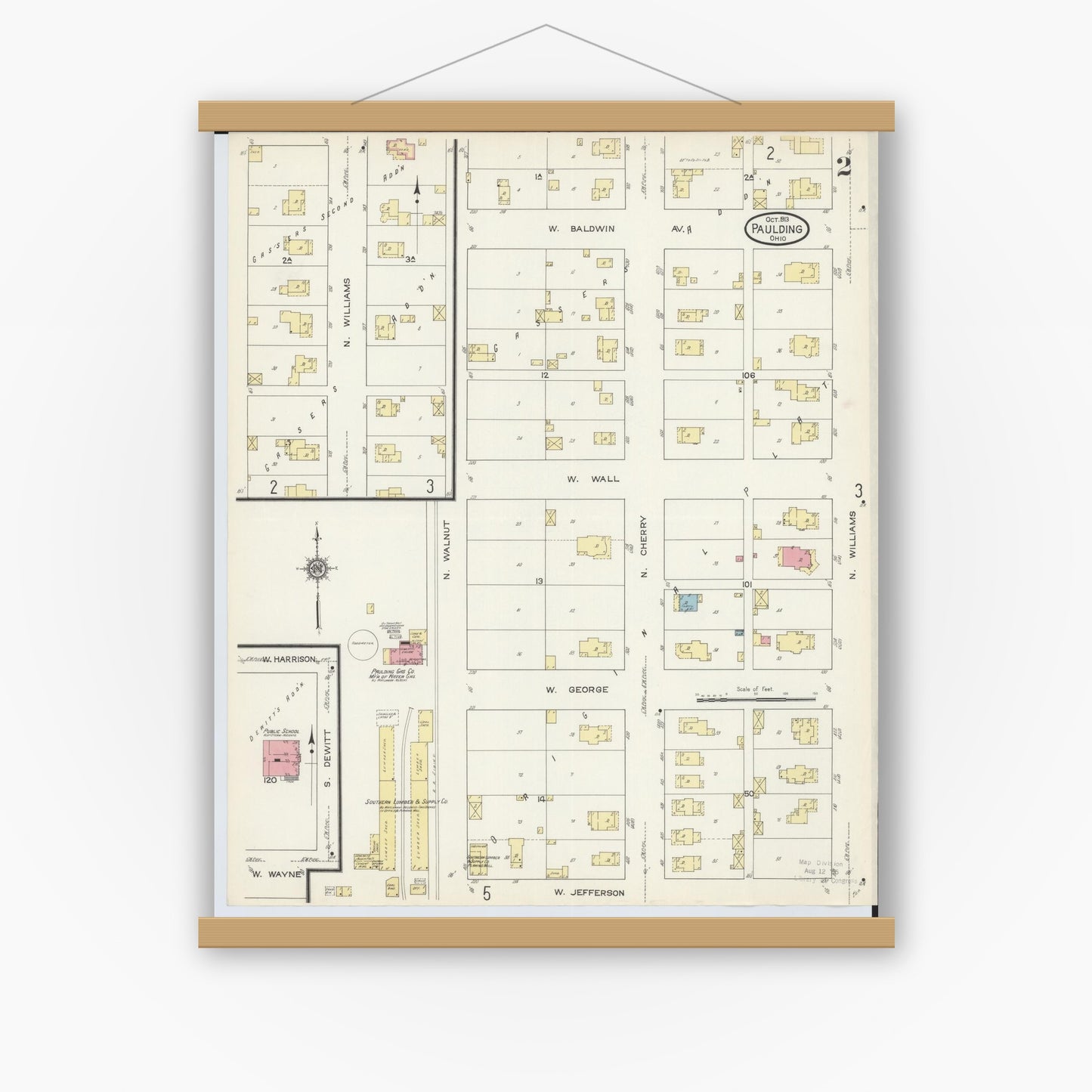 Old map wall art mockup — magnetic wood frame on white wall — Sanborn Fire Insurance Map from Paulding, Paulding County, Ohio (1913), Sheet #0002