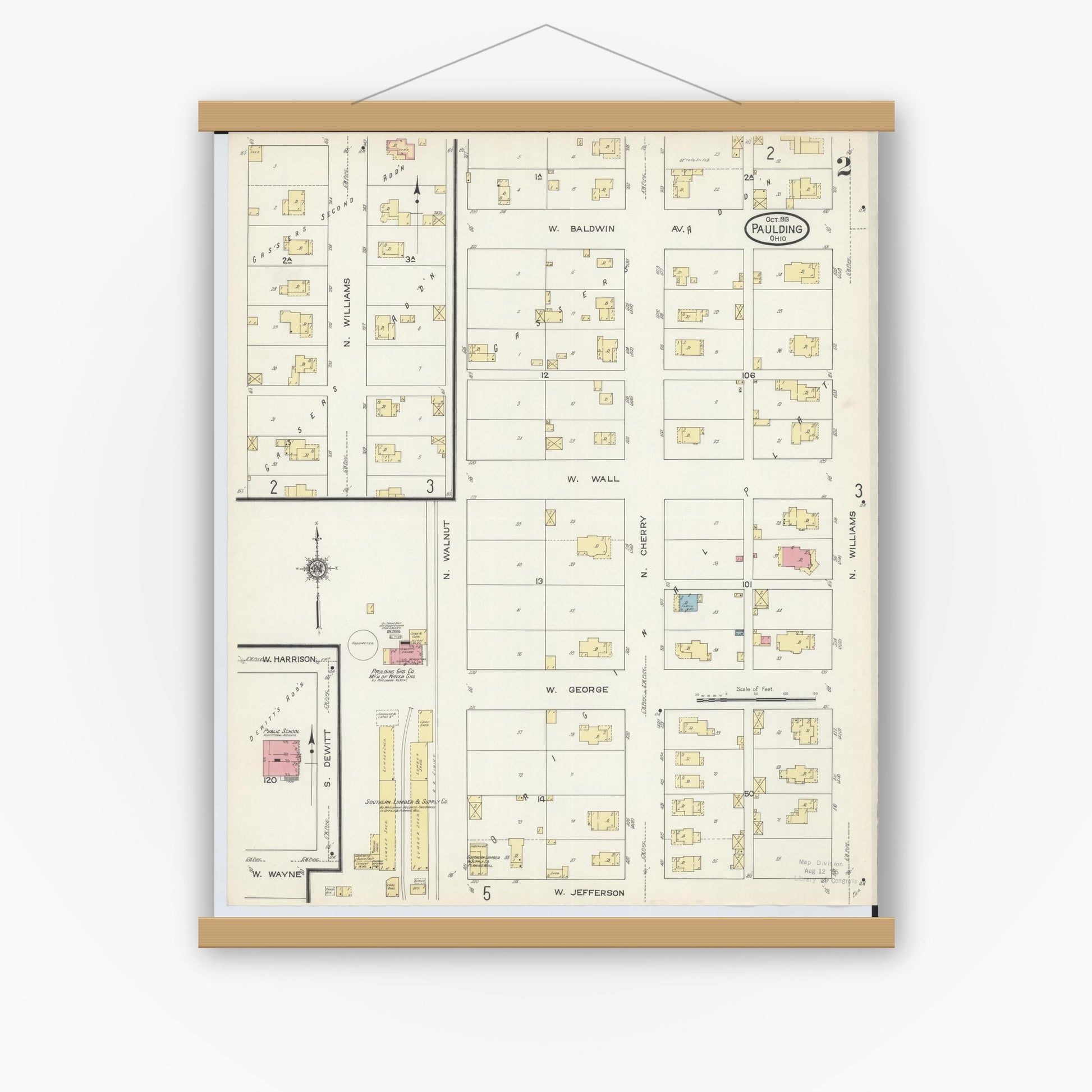 Old map wall art mockup — magnetic wood frame on white wall — Sanborn Fire Insurance Map from Paulding, Paulding County, Ohio (1913), Sheet #0002
