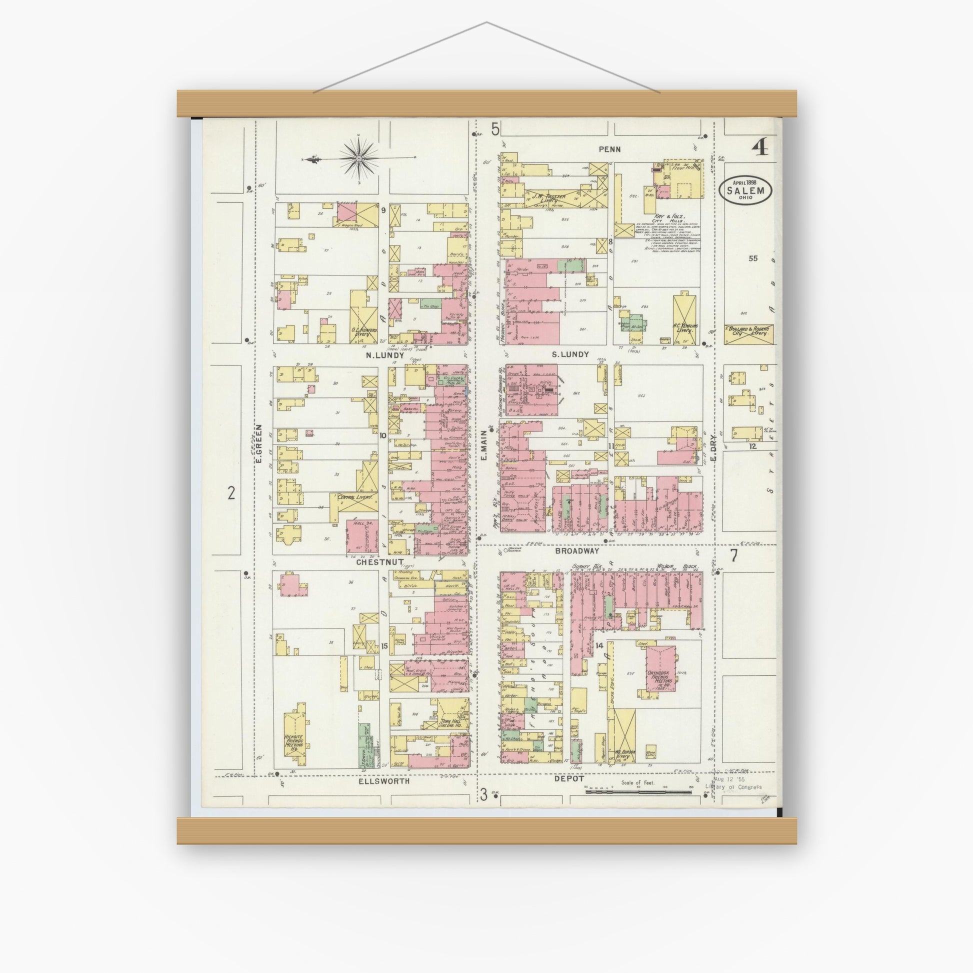 Old map wall art mockup — magnetic wood frame on white wall — Sanborn Fire Insurance Map from Salem, Columbiana County, Ohio (1898), Sheet #0004