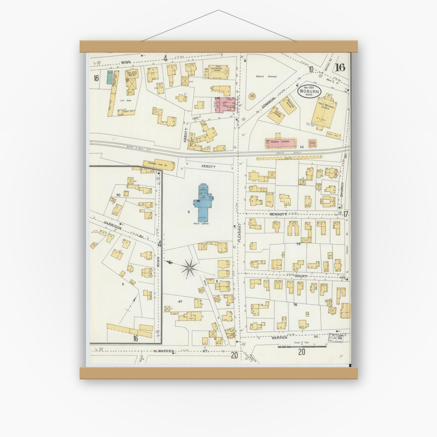 Old map wall art mockup — magnetic wood frame on white wall — Sanborn Fire Insurance Map from Woburn, Middlesex County, Massachusetts (1904), Sheet #0016