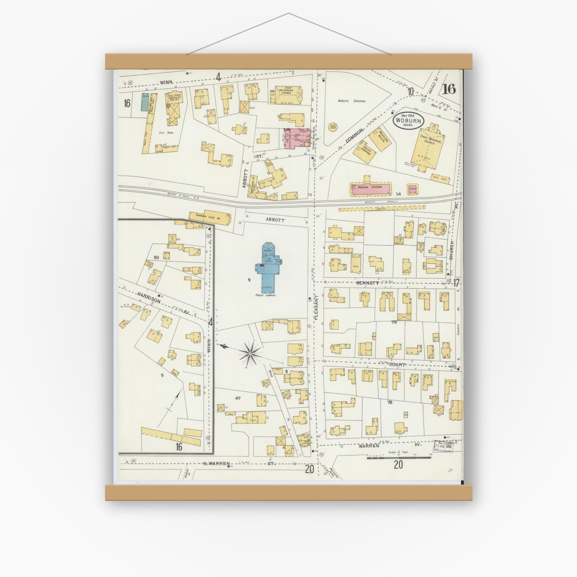 Old map wall art mockup — magnetic wood frame on white wall — Sanborn Fire Insurance Map from Woburn, Middlesex County, Massachusetts (1904), Sheet #0016