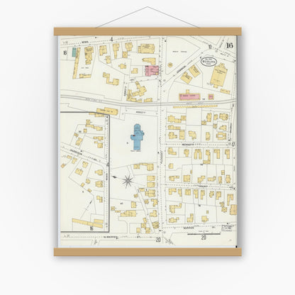 Old map wall art mockup — magnetic wood frame on white wall — Sanborn Fire Insurance Map from Woburn, Middlesex County, Massachusetts (1904), Sheet #0016