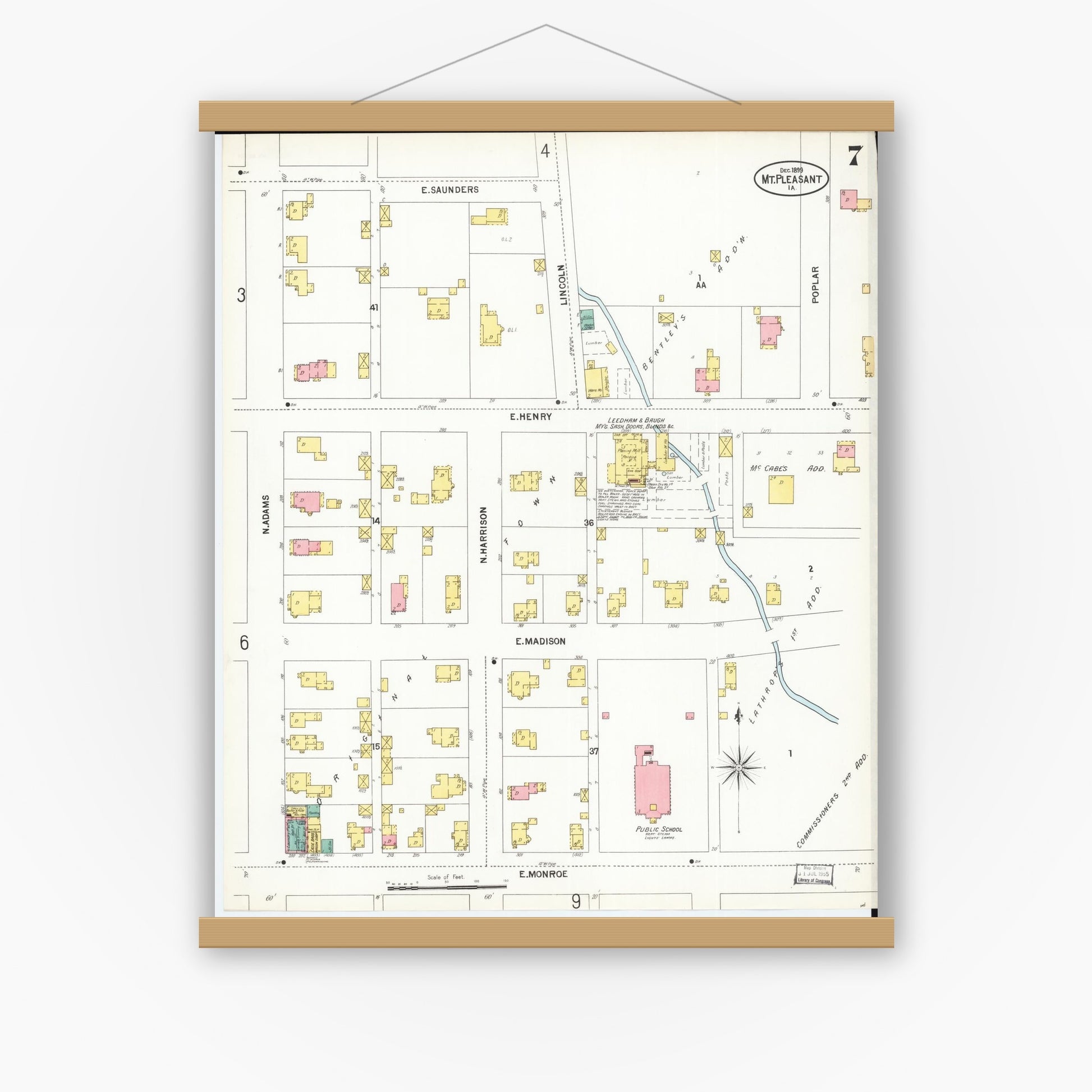 Old map wall art mockup — magnetic wood frame on white wall — Sanborn Fire Insurance Map from Mount Pleasant, Henry County, Iowa (1899), Sheet #0007