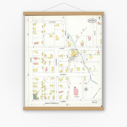 Old map wall art mockup — magnetic wood frame on white wall — Sanborn Fire Insurance Map from Mount Pleasant, Henry County, Iowa (1899), Sheet #0007