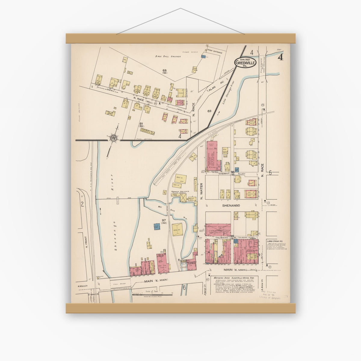 Old map wall art mockup — magnetic wood frame on white wall — Sanborn Fire Insurance Map from Greenville, Mercer County, Pennsylvania (1922), Sheet #0004