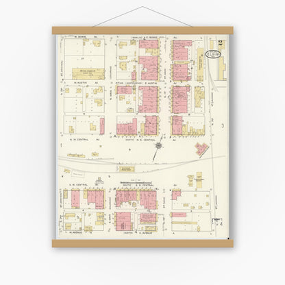 Old map wall art mockup — magnetic wood frame on white wall — Sanborn Fire Insurance Map from Elgin, Bastrop County, Texas (1916), Sheet #0002