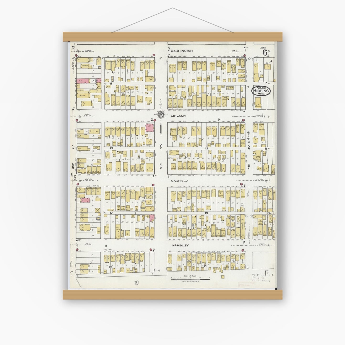 Old map wall art mockup — magnetic wood frame on white wall — Sanborn Fire Insurance Map from Hibbing, Saint Louis County, Minnesota (1921), Sheet #0006