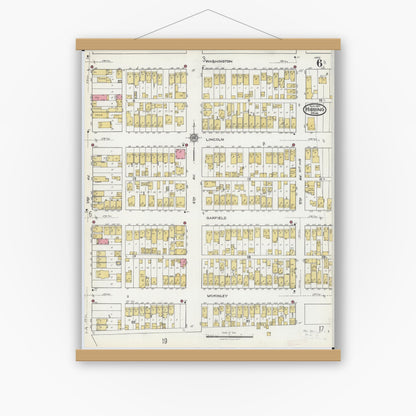 Old map wall art mockup — magnetic wood frame on white wall — Sanborn Fire Insurance Map from Hibbing, Saint Louis County, Minnesota (1921), Sheet #0006
