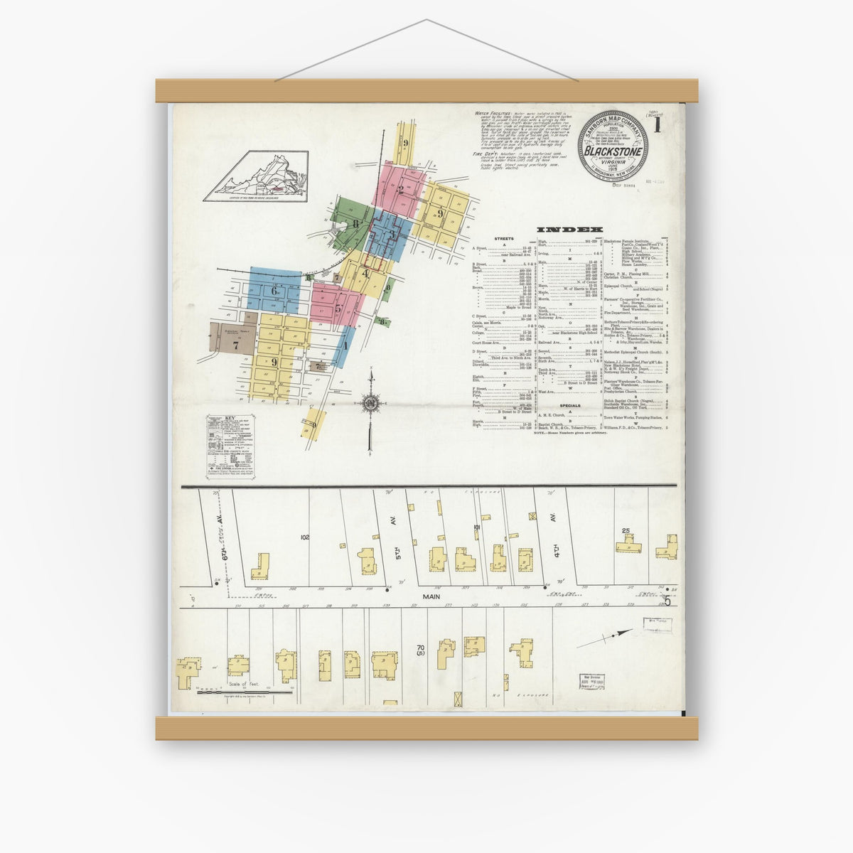 Old map wall art mockup — magnetic wood frame on white wall — Sanborn Fire Insurance Map from Blackstone, Nottoway County, Virginia (1919), Sheet #0001