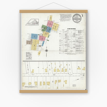Old map wall art mockup — magnetic wood frame on white wall — Sanborn Fire Insurance Map from Blackstone, Nottoway County, Virginia (1919), Sheet #0001