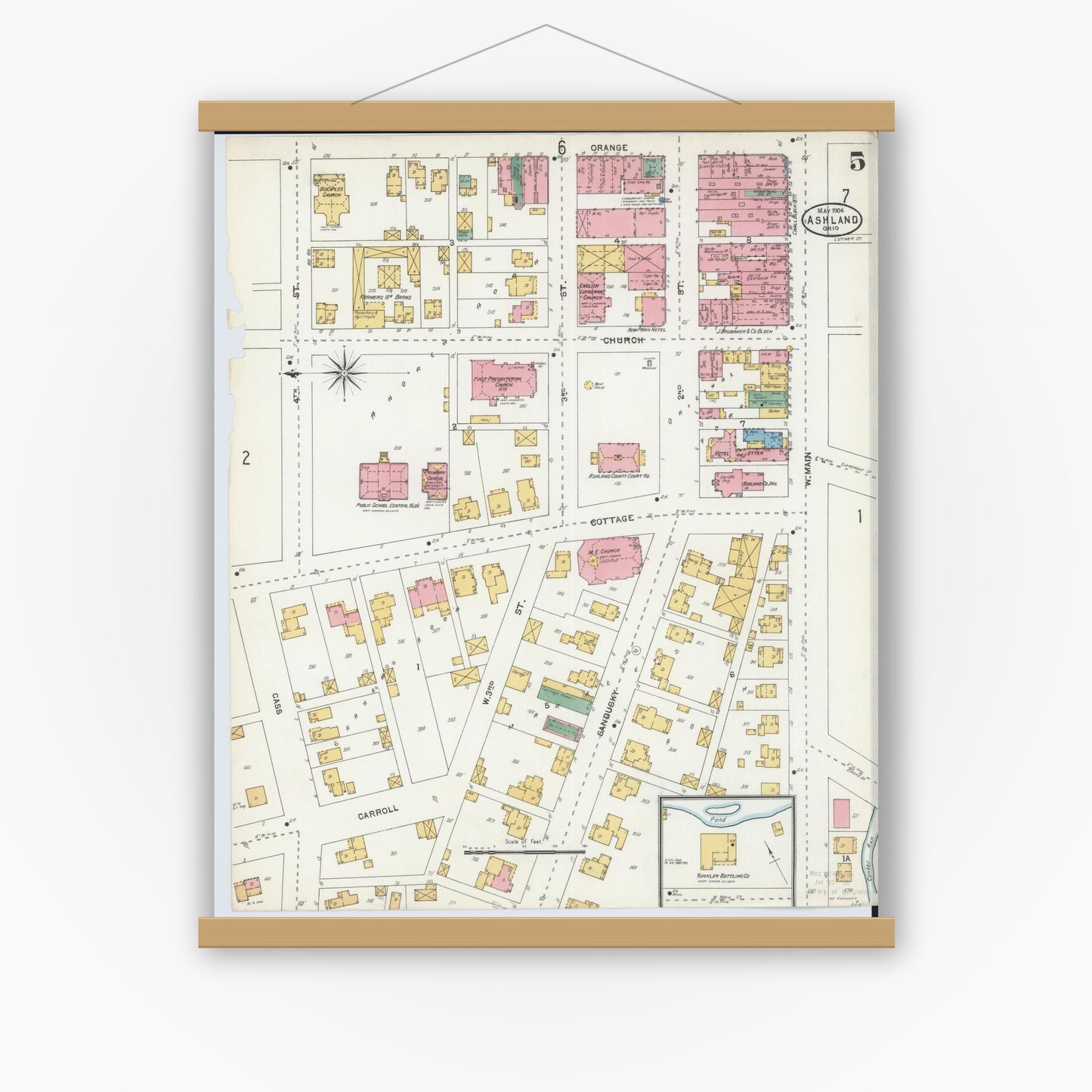 Old map wall art mockup — magnetic wood frame on white wall — Sanborn Fire Insurance Map from Ashland, Ashland County, Ohio (1904), Sheet #0005