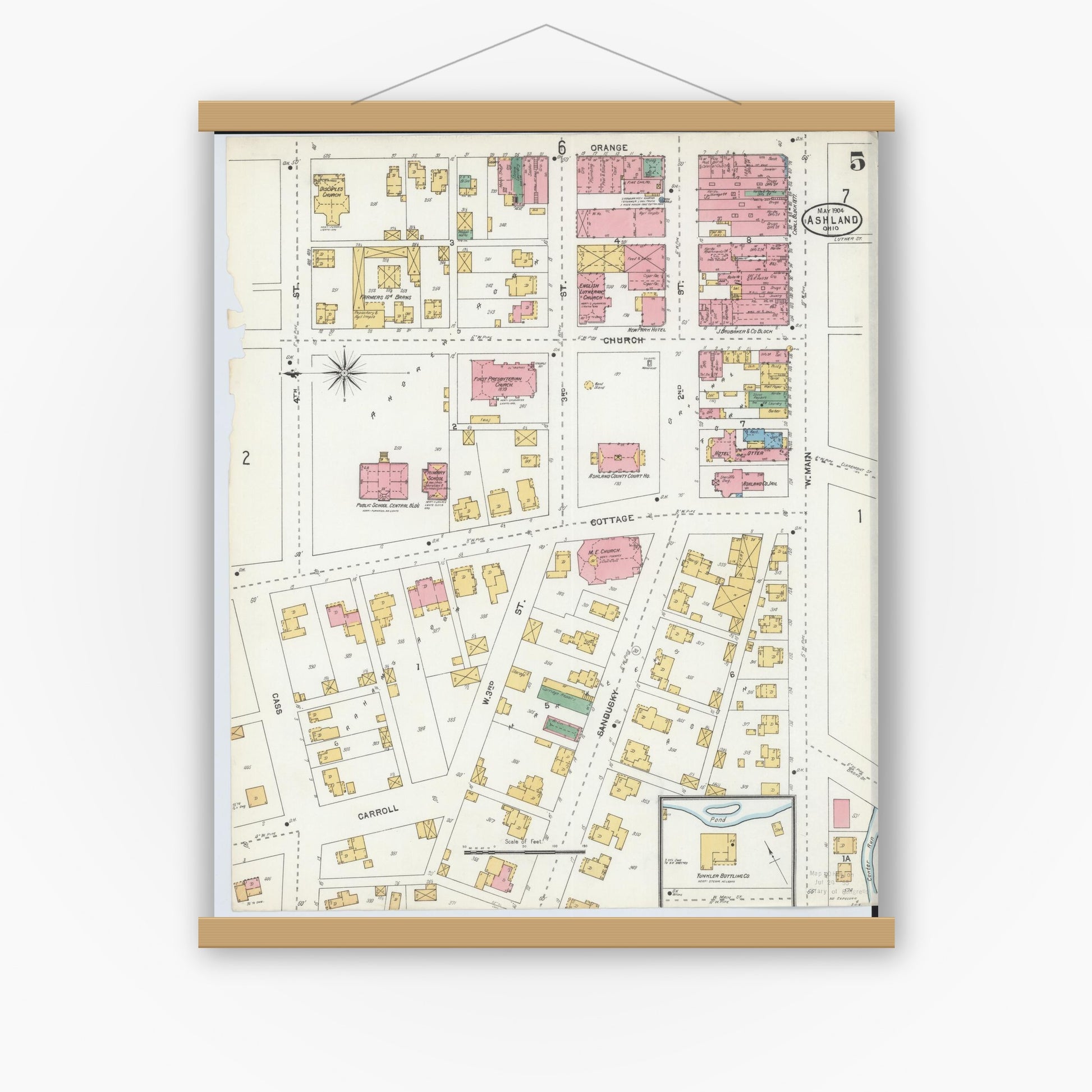 Old map wall art mockup — magnetic wood frame on white wall — Sanborn Fire Insurance Map from Ashland, Ashland County, Ohio (1904), Sheet #0005