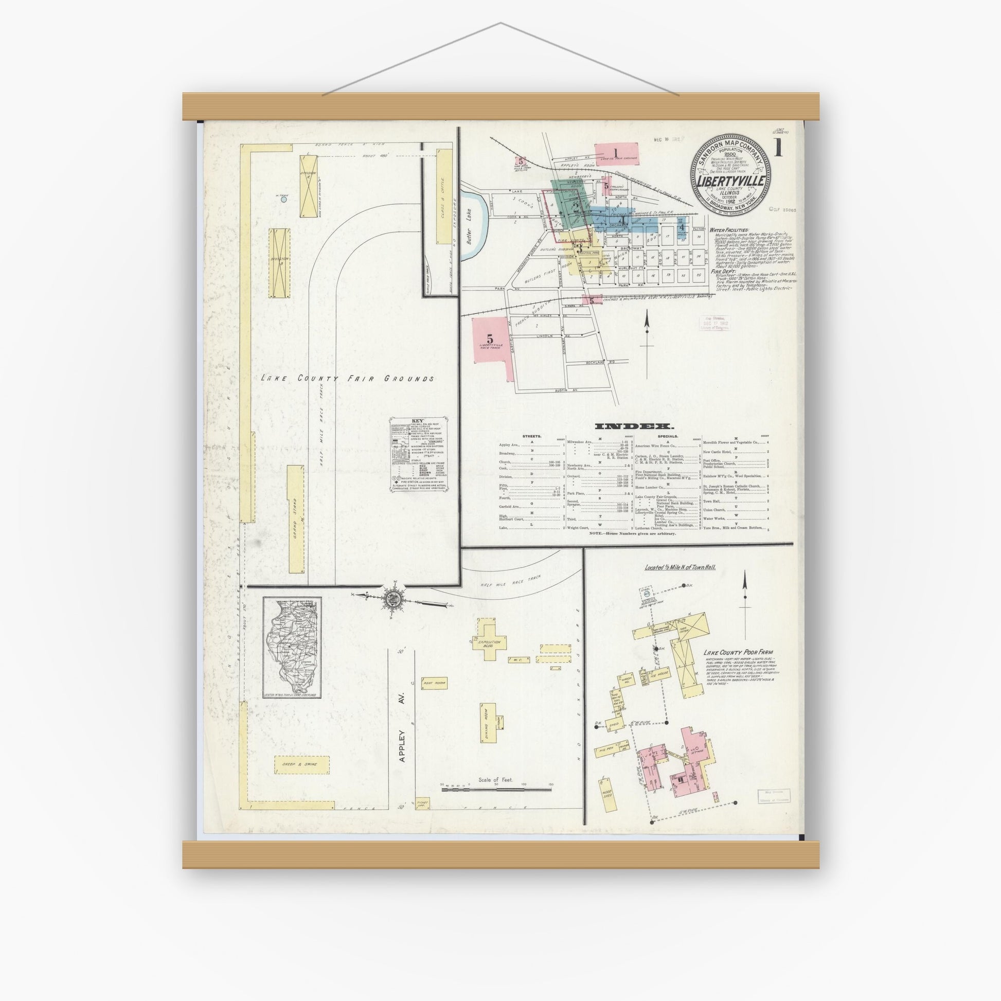 Old map wall art mockup — magnetic wood frame on white wall — Sanborn Fire Insurance Map from Libertyville, Lake County, Illinois (1912) - Complete Map Set