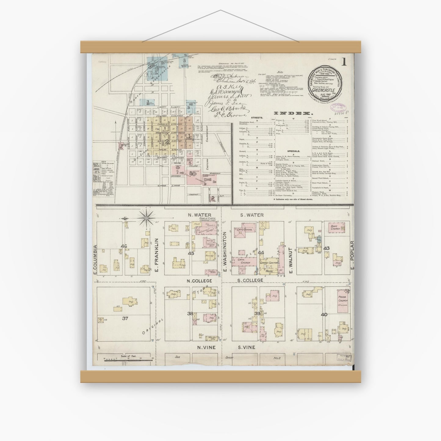 Old map wall art mockup — magnetic wood frame on white wall — Sanborn Fire Insurance Map from Greencastle, Putnam County, Indiana (1887) - Complete Map Set
