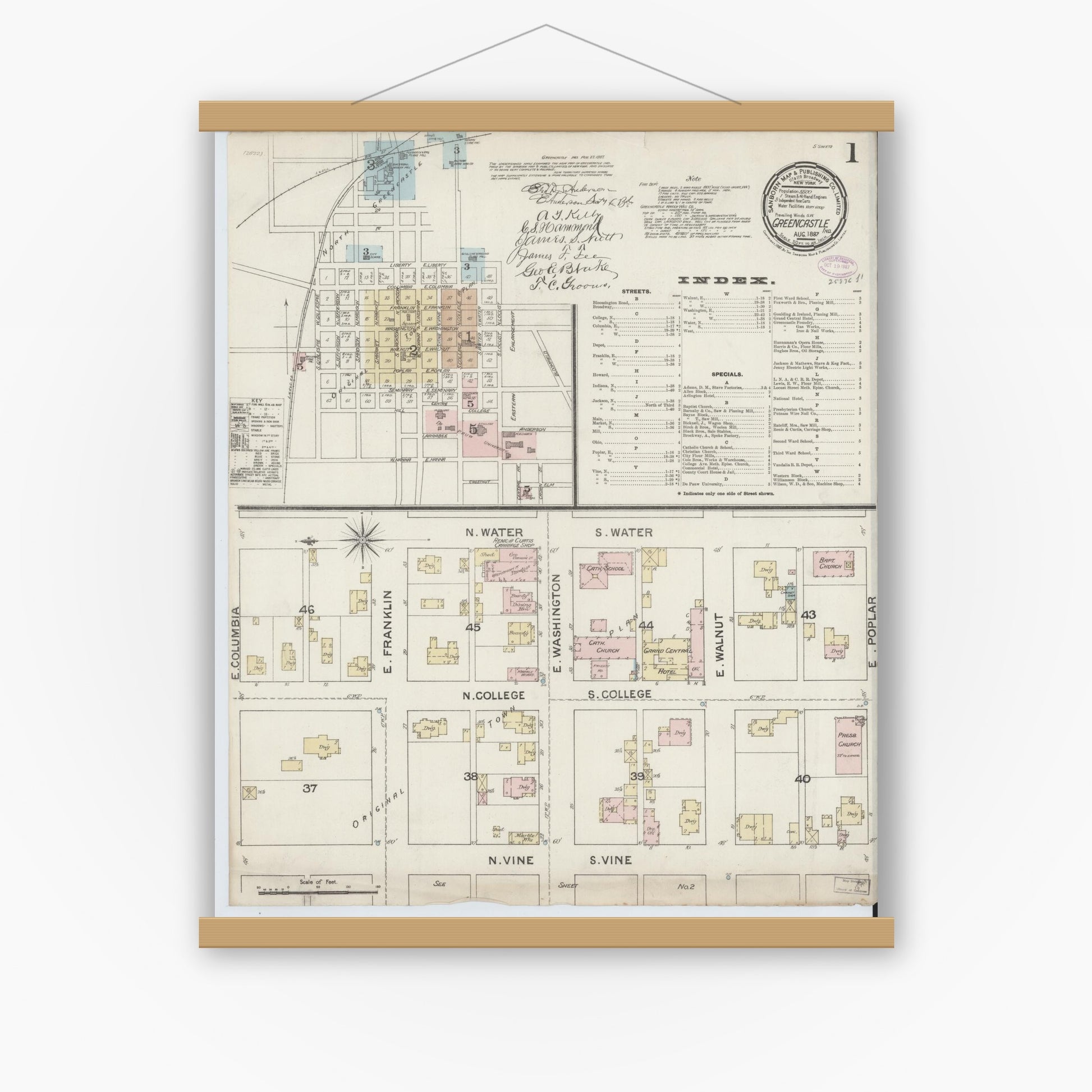 Old map wall art mockup — magnetic wood frame on white wall — Sanborn Fire Insurance Map from Greencastle, Putnam County, Indiana (1887) - Complete Map Set