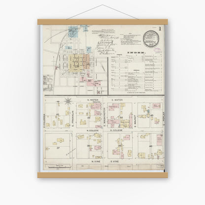 Old map wall art mockup — magnetic wood frame on white wall — Sanborn Fire Insurance Map from Greencastle, Putnam County, Indiana (1887) - Complete Map Set