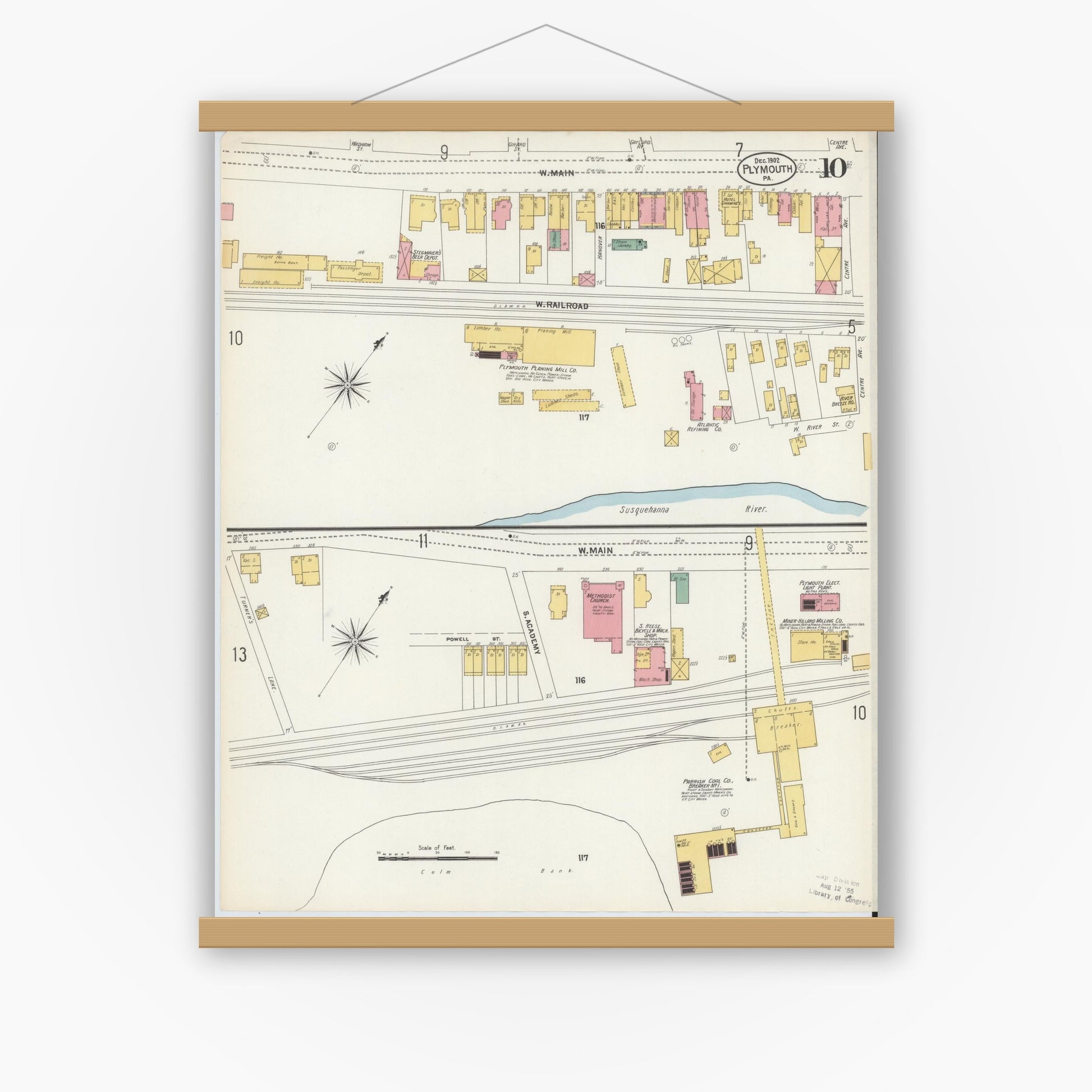 Old map wall art mockup — magnetic wood frame on white wall — Sanborn Fire Insurance Map from Plymouth, Luzerne County, Pennsylvania (1902), Sheet #0010