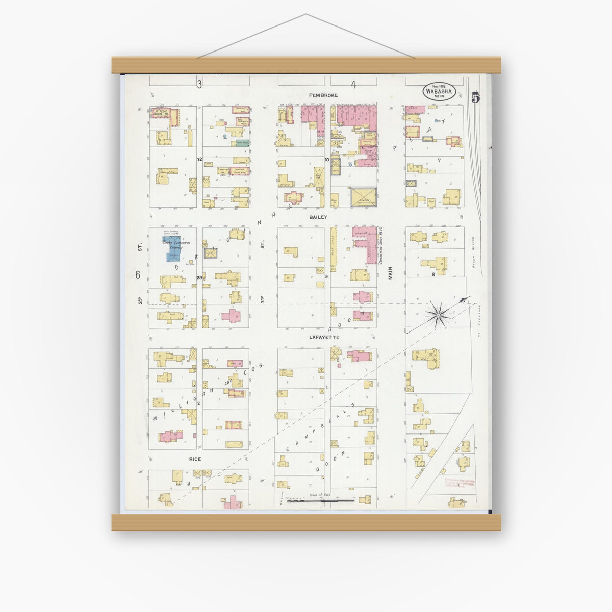 Old map wall art mockup — magnetic wood frame on white wall — Sanborn Fire Insurance Map from Wabasha, Wabasha County, Minnesota (1902), Sheet #0005