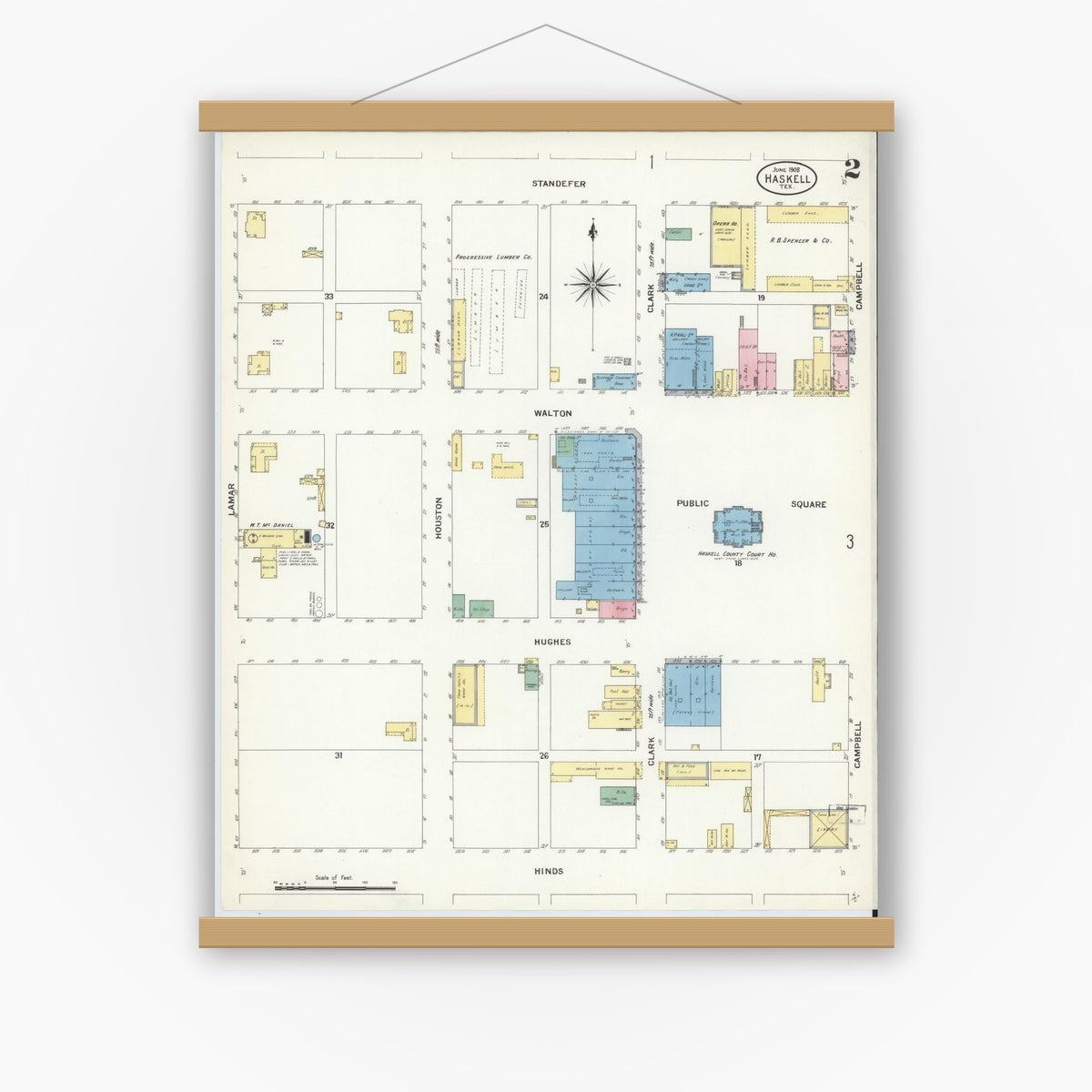 Old map wall art mockup — magnetic wood frame on white wall — Sanborn Fire Insurance Map from Haskell, Haskell County, Texas (1908), Sheet #0002