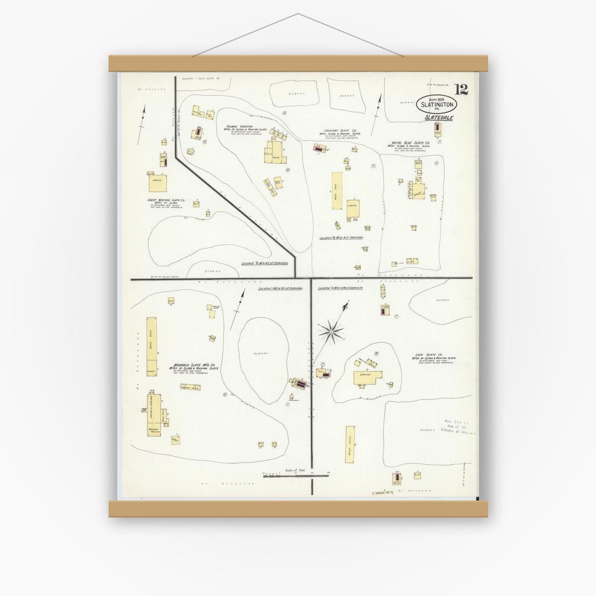 Old map wall art mockup — magnetic wood frame on white wall — Sanborn Fire Insurance Map from Slatington, Lehigh County, Pennsylvania (1908), Sheet #0012