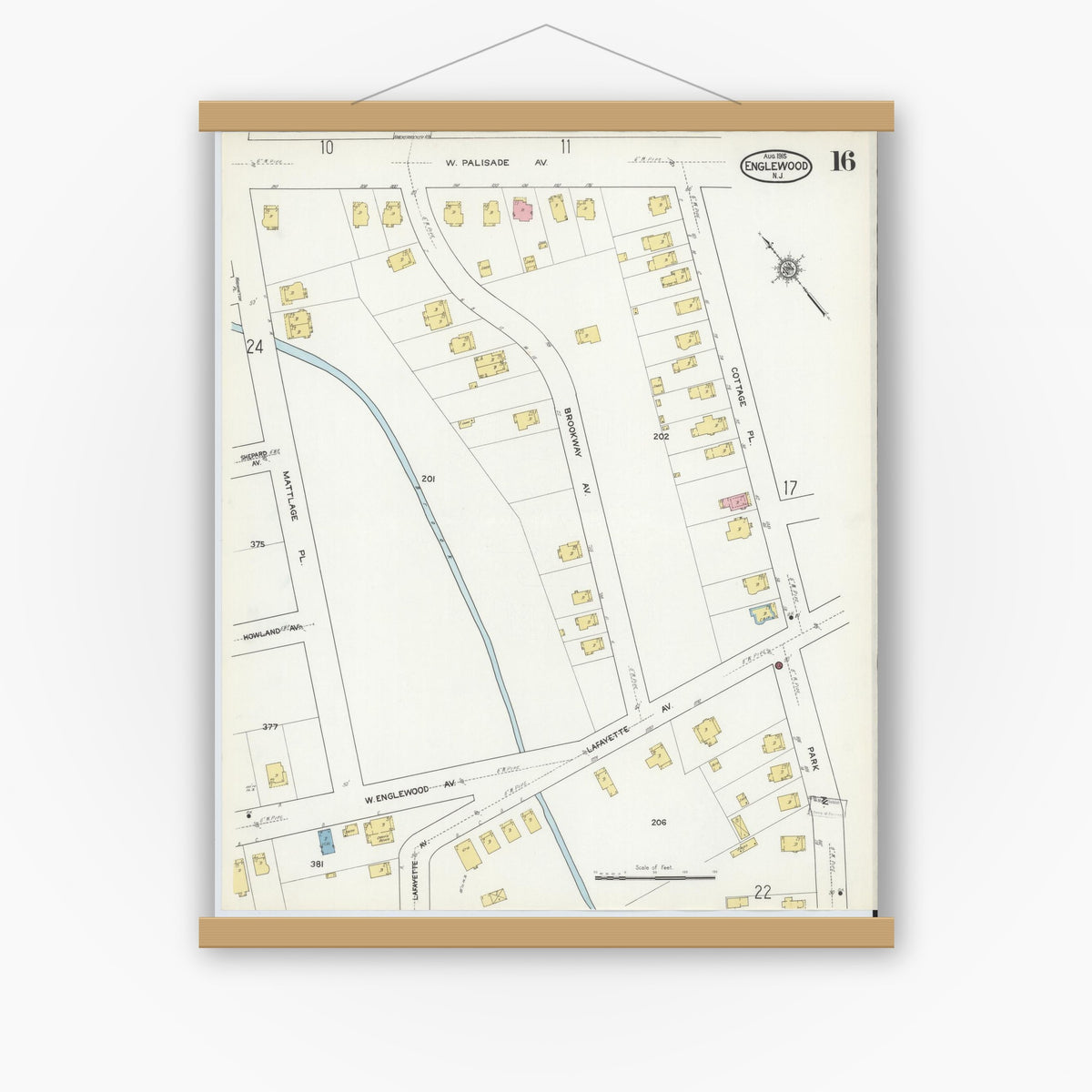 Old map wall art mockup — magnetic wood frame on white wall — Sanborn Fire Insurance Map from Englewood, Bergen County, New Jersey (1915), Sheet #0016