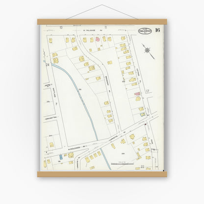 Old map wall art mockup — magnetic wood frame on white wall — Sanborn Fire Insurance Map from Englewood, Bergen County, New Jersey (1915), Sheet #0016