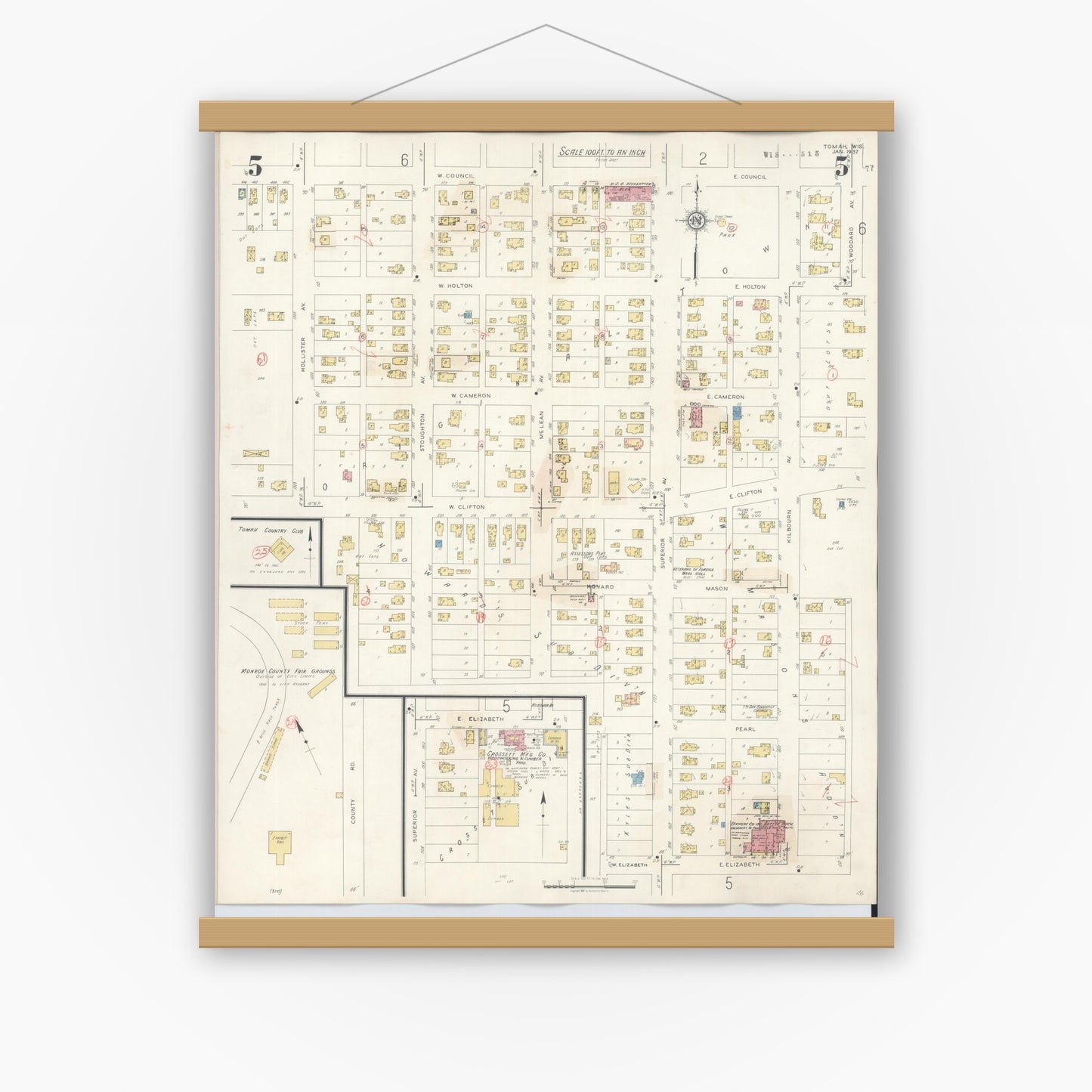 Old map wall art mockup — magnetic wood frame on white wall — Sanborn Fire Insurance Map from Tomah, Monroe County, Wisconsin (1944), Sheet #0005