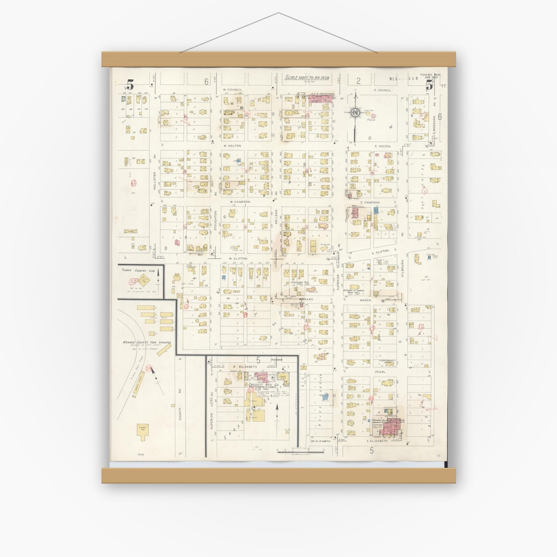 Old map wall art mockup — magnetic wood frame on white wall — Sanborn Fire Insurance Map from Tomah, Monroe County, Wisconsin (1944), Sheet #0005